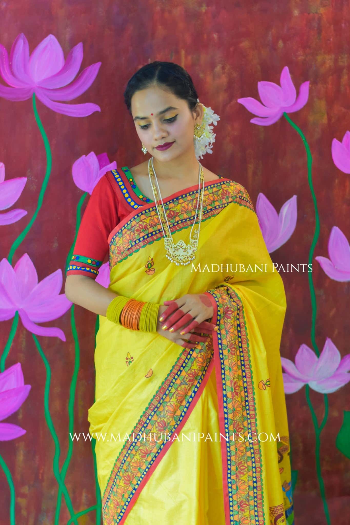 Surya Kiran Chhath Puja Hand painted Madhubani Cotton Saree — image 7 of 8