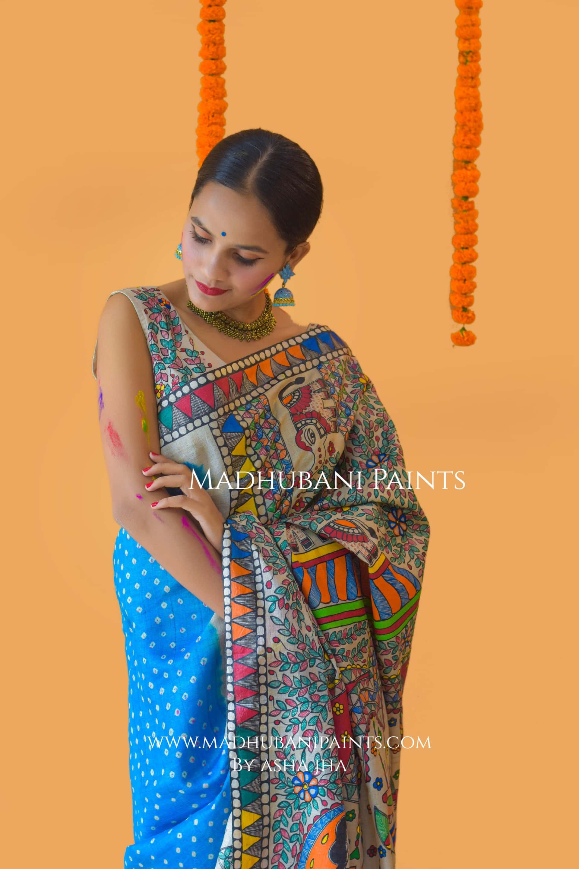 VANDURGA Hand-painted Madhubani Bandhini Saree Blouse Set — image 8 of 11