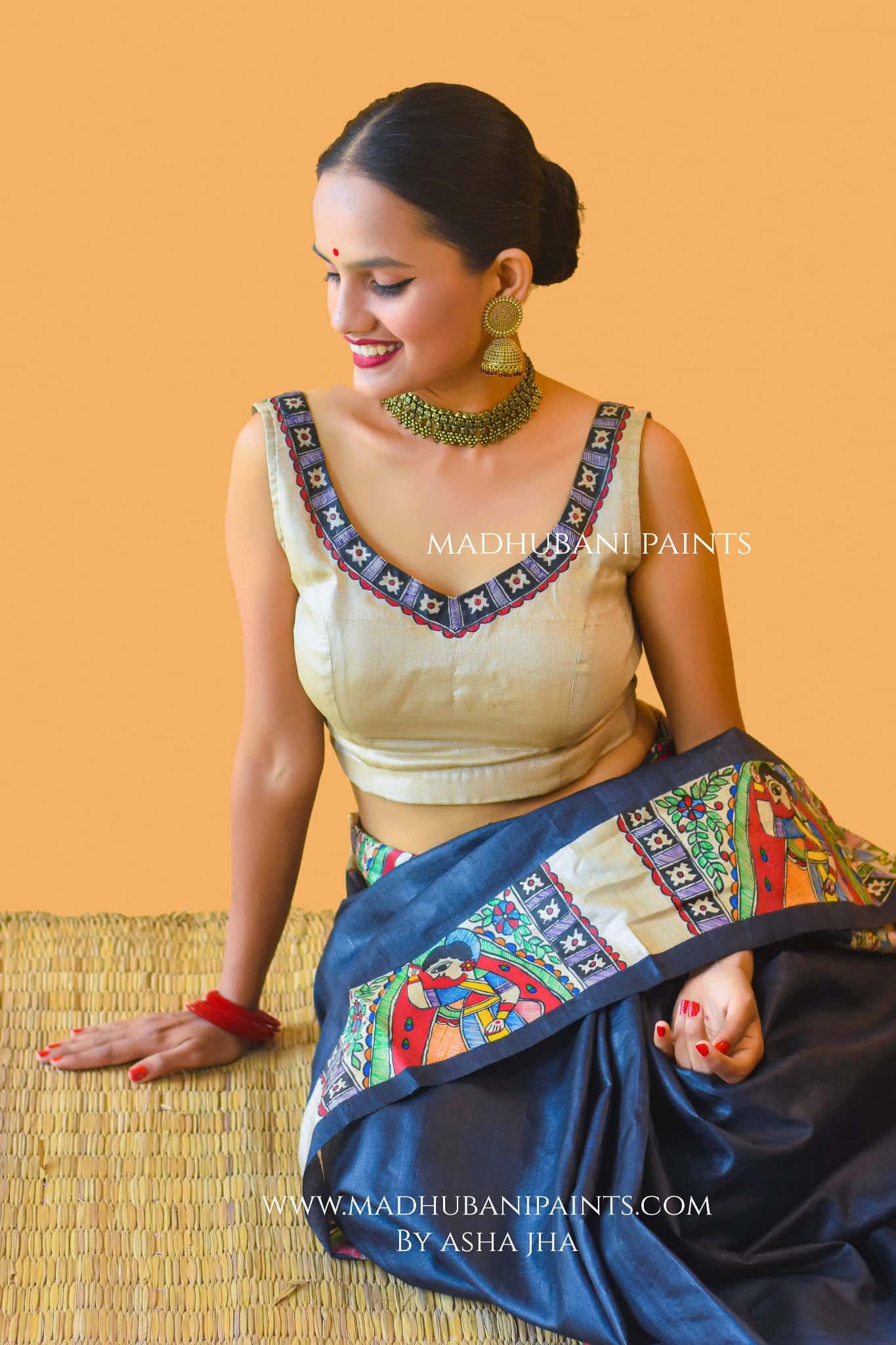 GODNA DOLI Hand-painted Madhubani Saree Blouse set — image 5 of 13