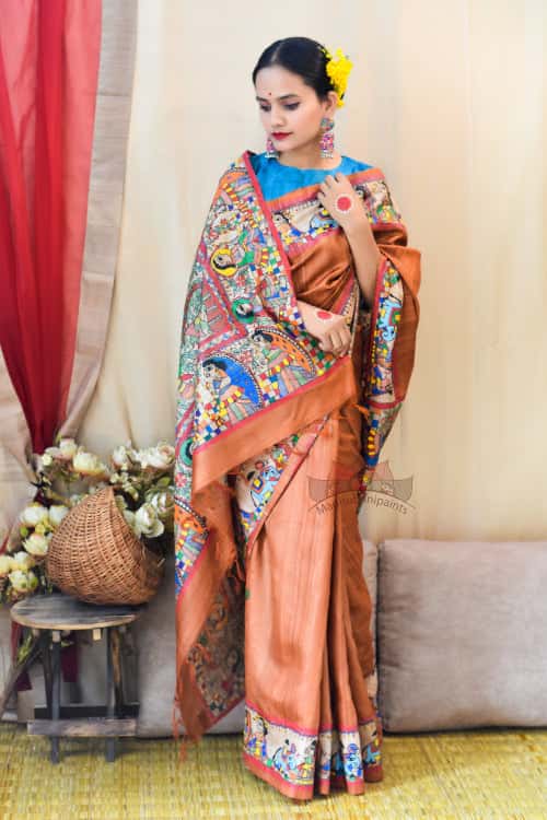 'KOHBAR' Handpainted Madhubani Rust Orange Tussar Silk Saree — image 5 of 5