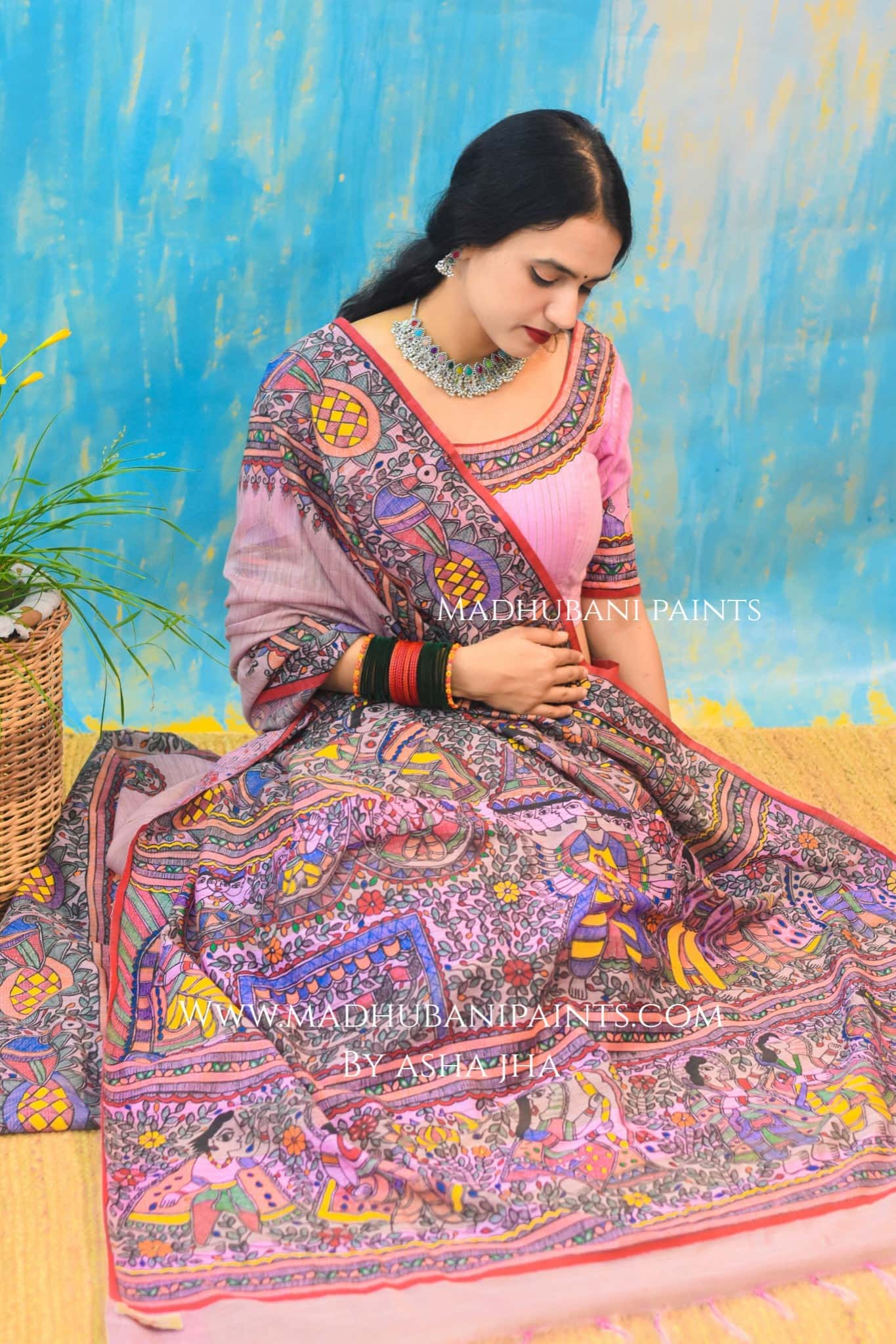 "Gulabi Ramayan" Hand-painted Madhubani Chanderi Saree — image 3 of 8