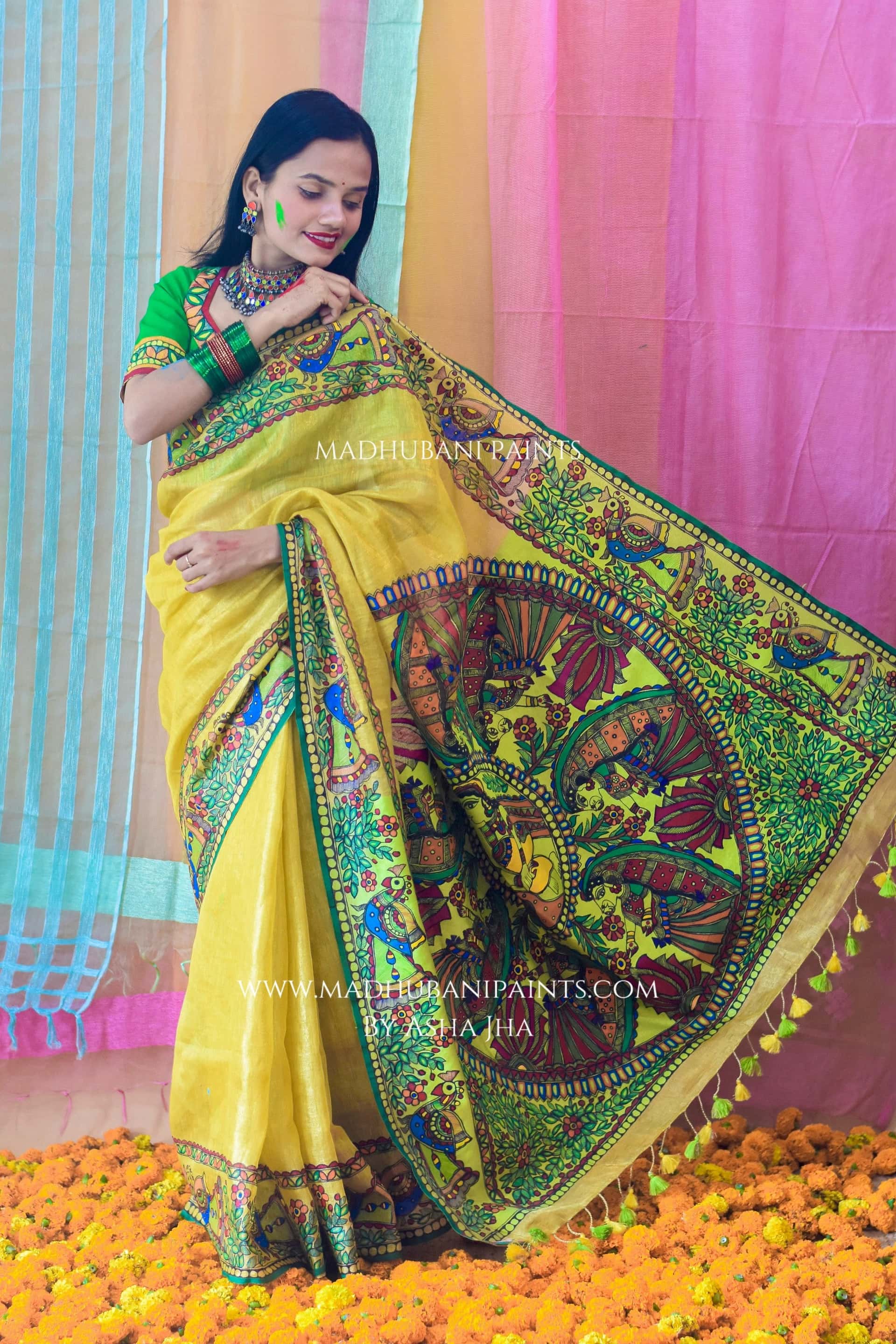 UMANG Hand-painted Madhubani Tissue Linen Saree — image 2 of 6