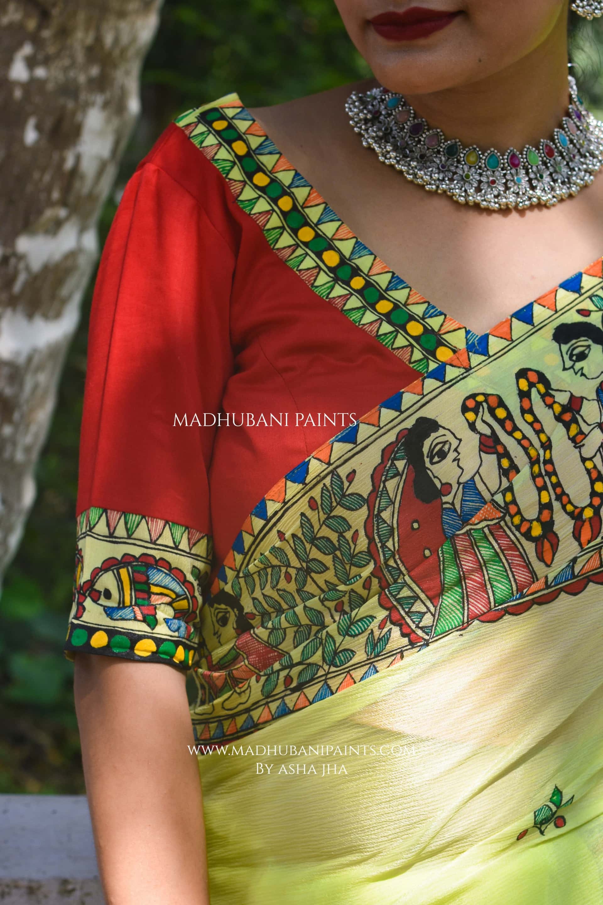SWAYMBAR Hand-painted Madhubani Chiffon Saree Blouse Set — image 3 of 10