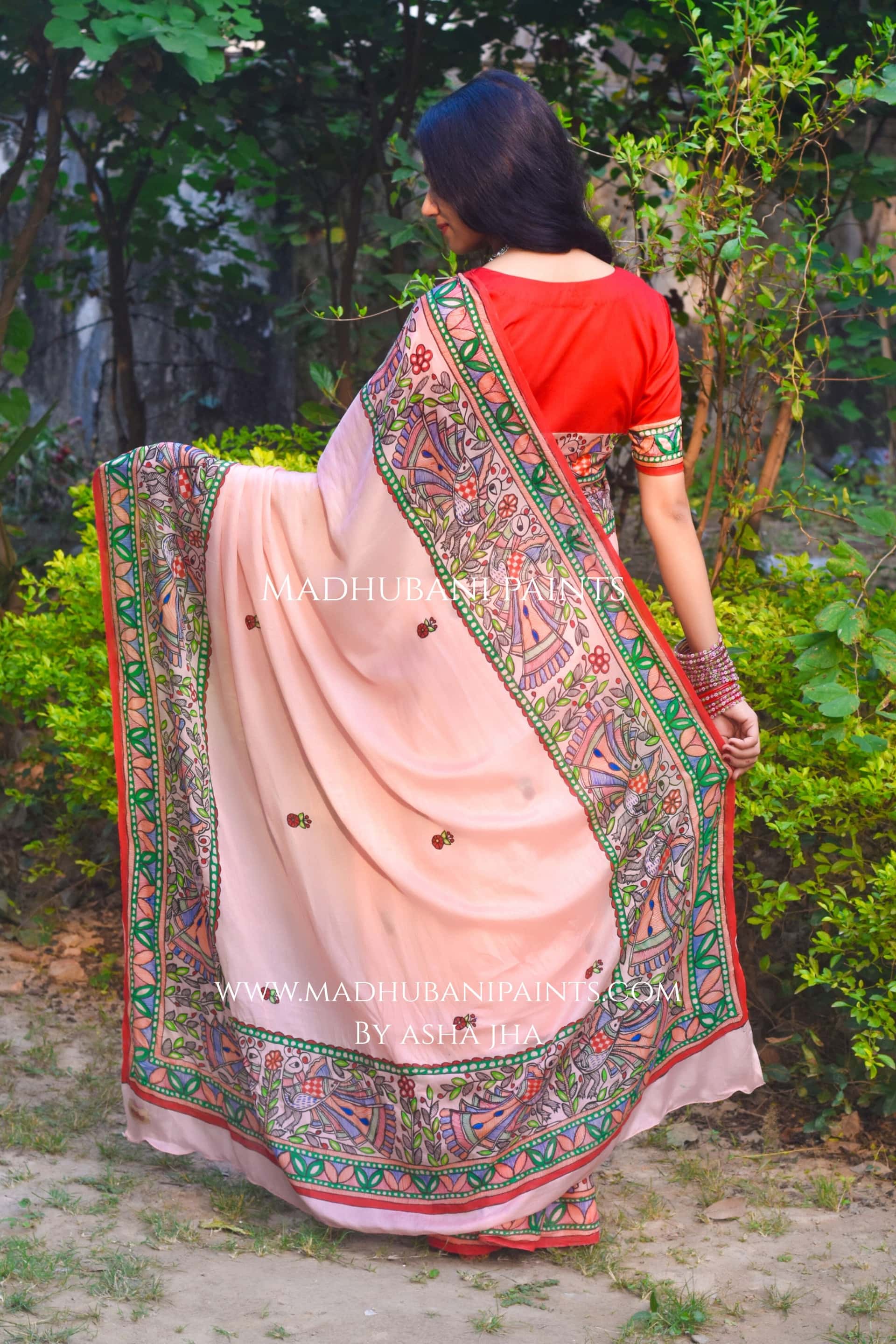 Gulabi Mor Hand-painted Madhubani Chiffon Saree — image 4 of 7