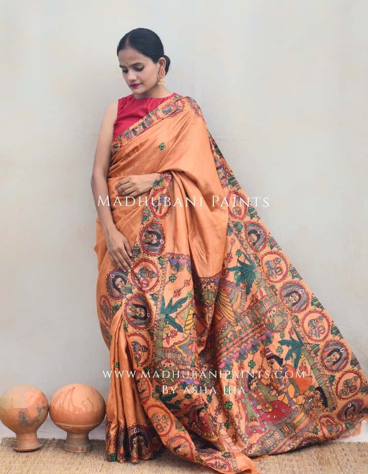 'BENGALI VIVAH' Handpainted Madhubani Tussar Silk Saree — image 2 of 5