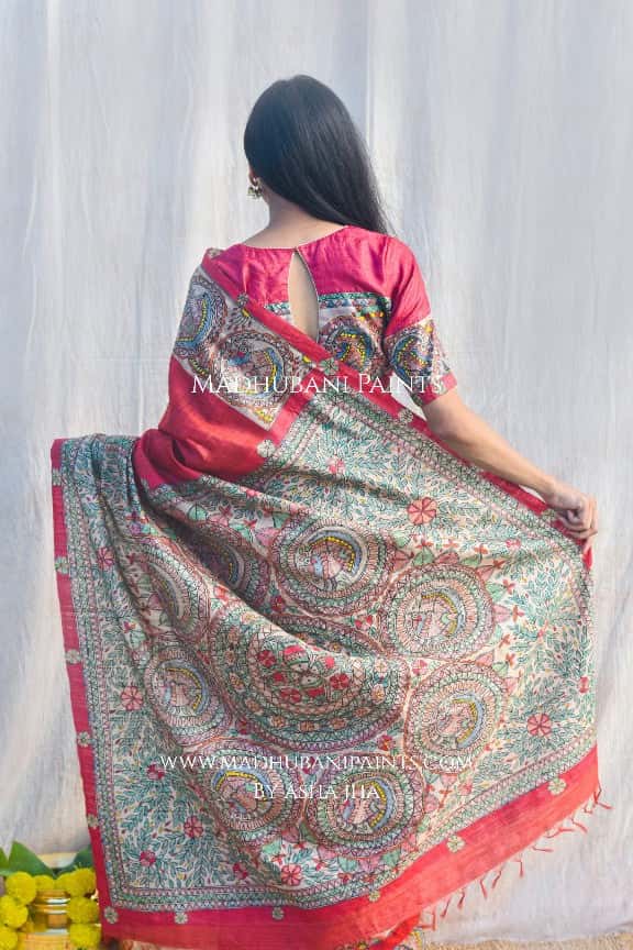 'MITHILA MAYURI' Handpainted Madhubani Tussar Silk Saree Blouse Set — image 2 of 10