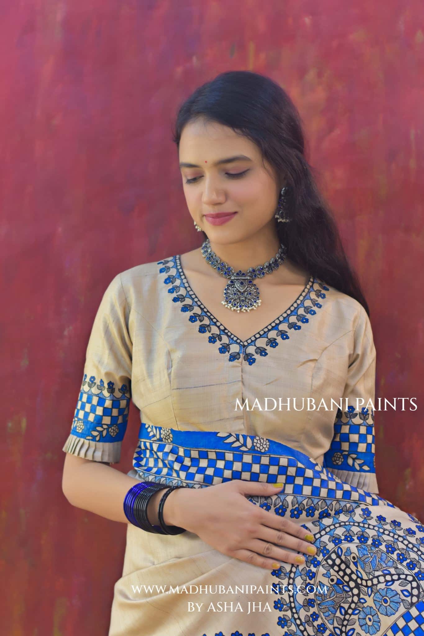 'NEELAKANTH' Tussar Silk Hand-Painted Madhubani Saree — image 2 of 7