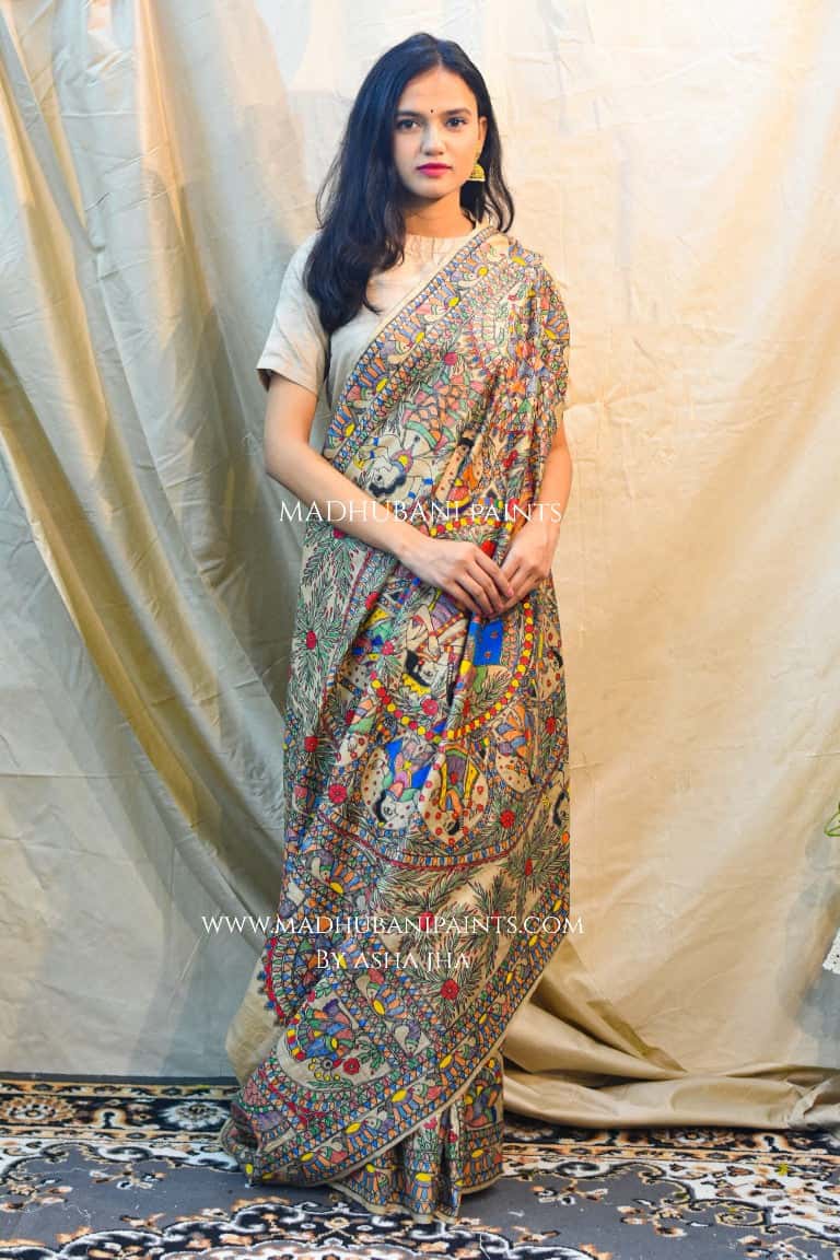 'SHYAM LEELA' Handpainted Madhubani Tussar Silk Saree — image 2 of 4