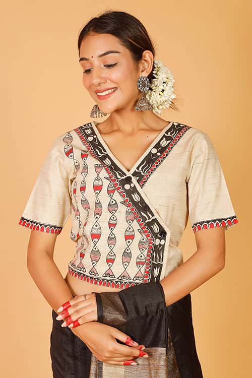 'Surmai Lotus' Handpainted Madhubani Cotton Blouse — image 3 of 6
