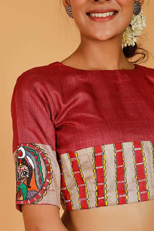 'Bengali Sindoordaan' Handpainted Madhubani Tussar Silk Blouse — image 4 of 8