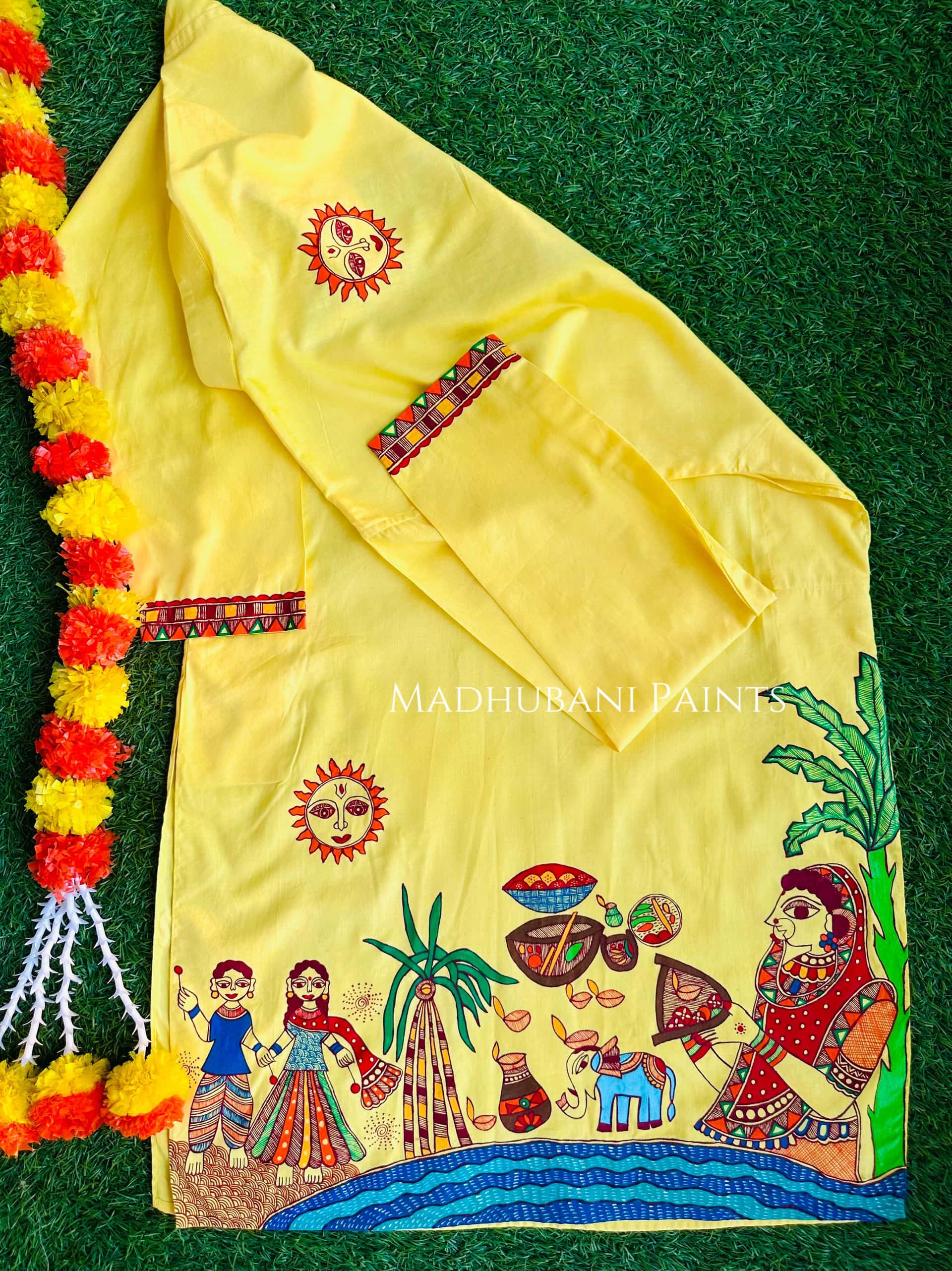 Yellow Chhath Puja Hand-painted  Madhubani Men's Cotton Kurta — image 6 of 8