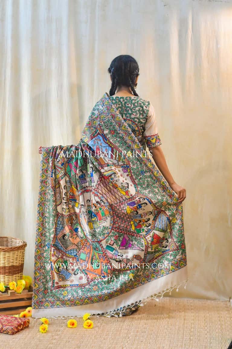 'KAHANI PADMA KI' Handpainted Madhubani Tussar Silk Saree — image 9 of 11