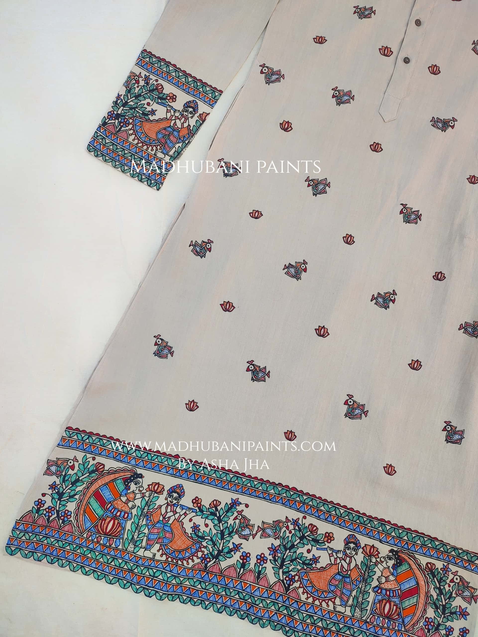 Radha Krishna Mayuri Hand-painted Handloom Men's Cotton Kurta — image 3 of 6
