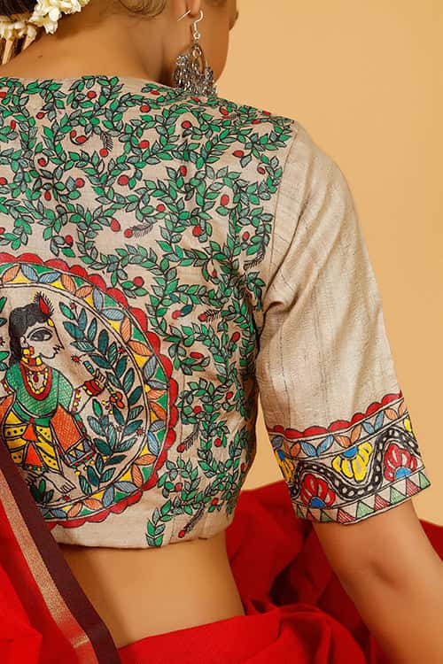 'Krishna' Handpainted Madhubani Tussar silk Blouse — image 8 of 9