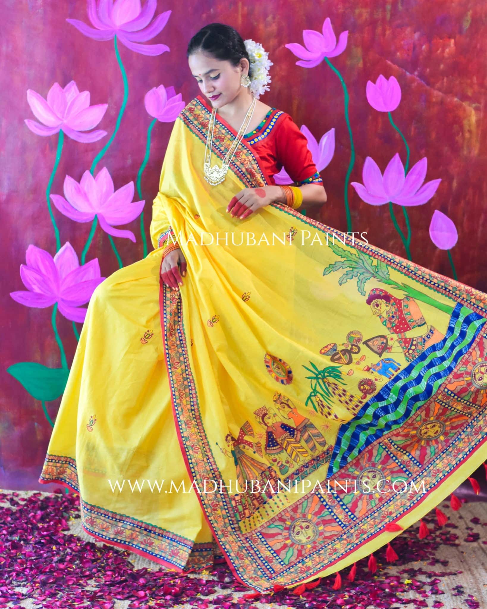 SURYA KIRAN Chhath Puja Hand painted Madhubani Cotton Saree Blouse Set — image 4 of 10