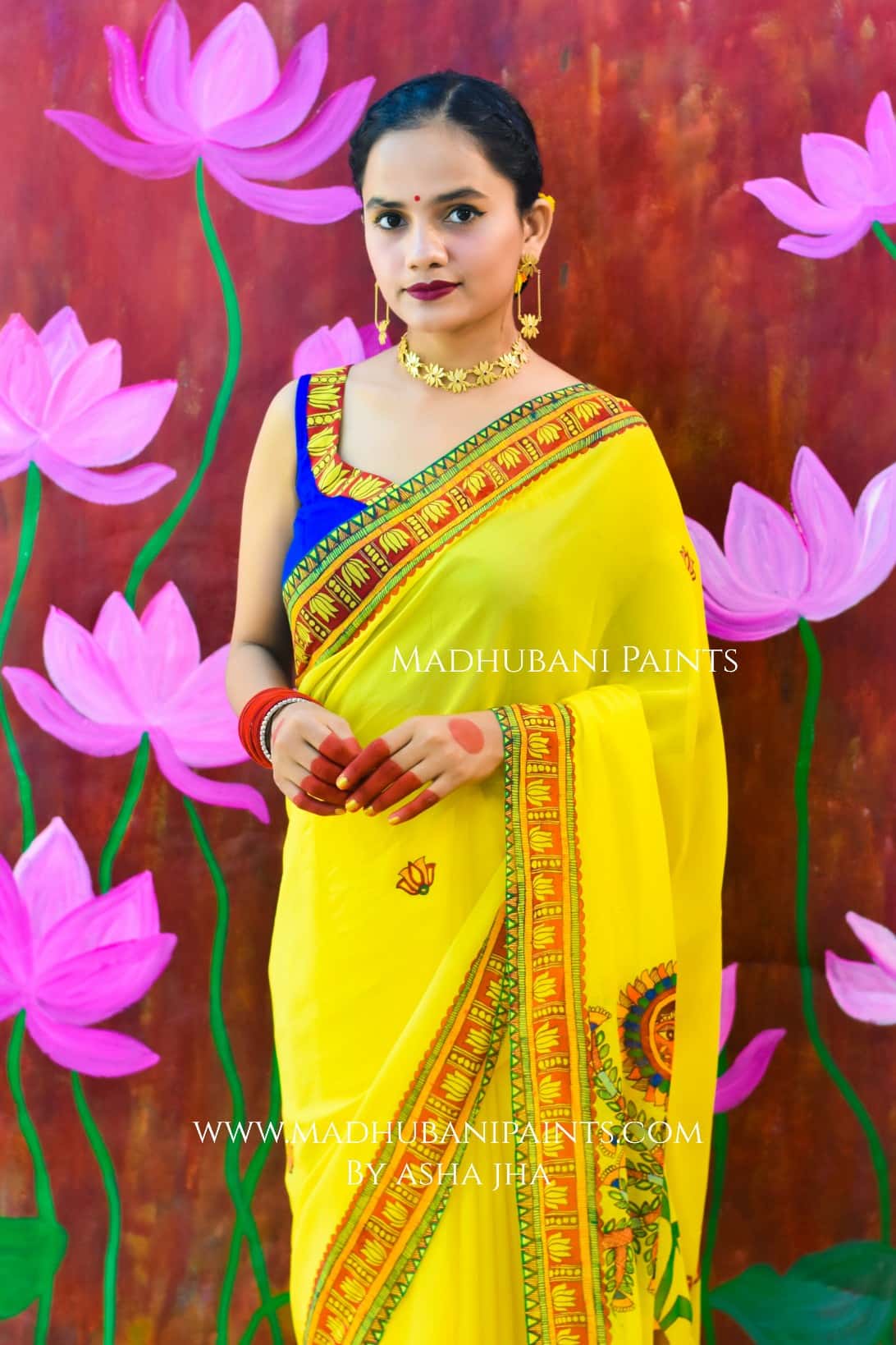 BHAKTI BHAVA Chhath Puja Hand painted Madhubani Georgette Saree Blouse Set — image 2 of 7