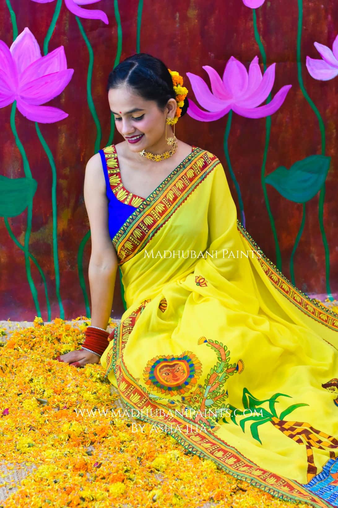 BHAKTI BHAVA Chhath Puja Hand painted Madhubani Georgette Saree — image 4 of 8