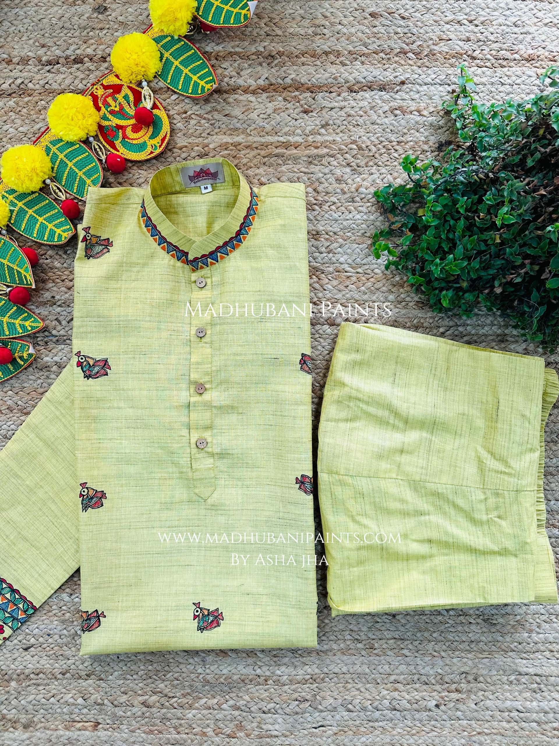Yellow Mayuri Hand-painted Handloom Men's Cotton Kurta — image 8 of 9