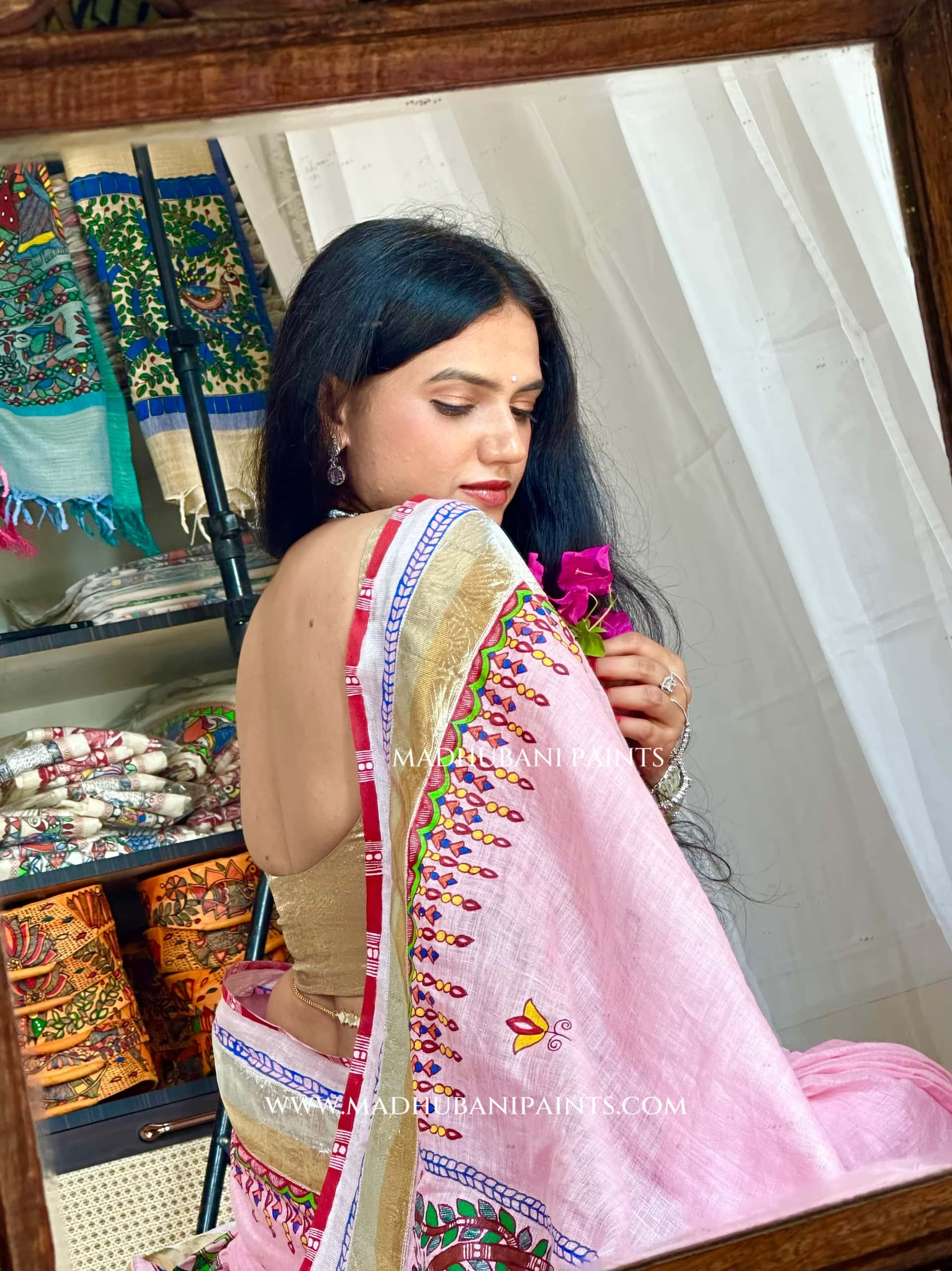 Gulabi Bridal Hand-painted Madhubani Painting Saree — image 4 of 11