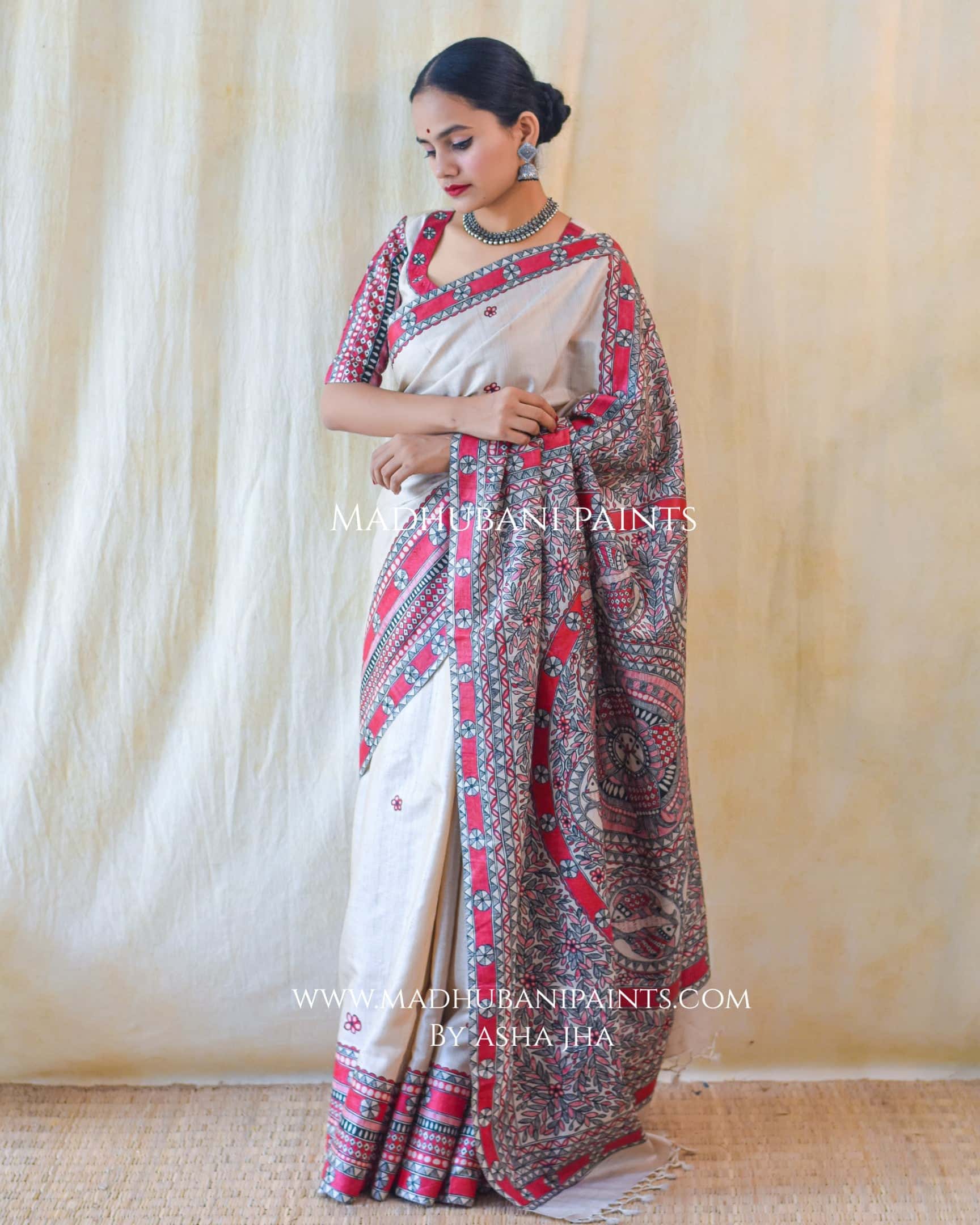 'LAAL MATSYA LEELA'  Handpainted Madhubani Tussar Silk Saree — image 5 of 7