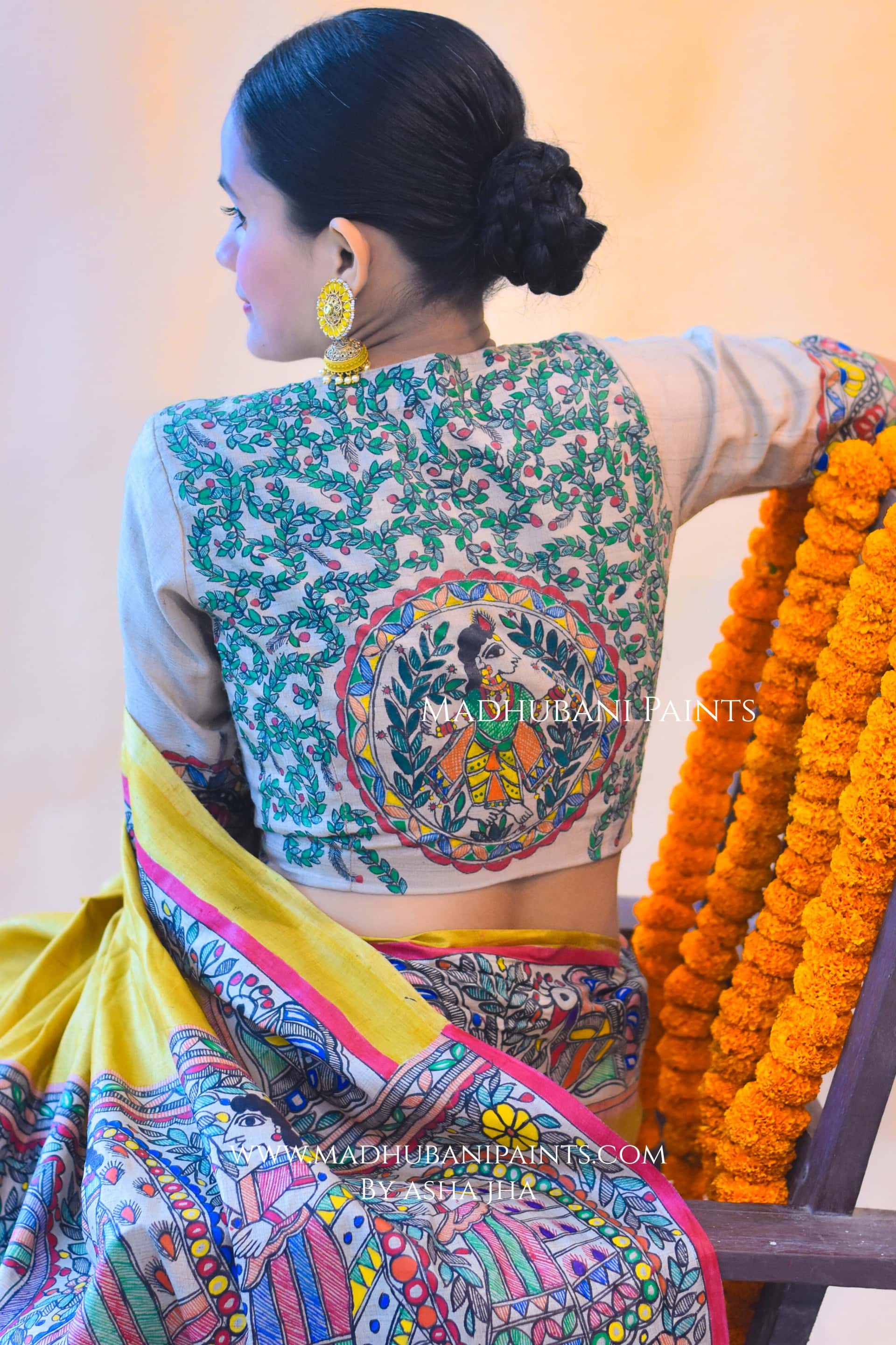"Peela Ramayan" Hand-painted Madhubani Tussar Silk Saree Blouse Set — image 7 of 8