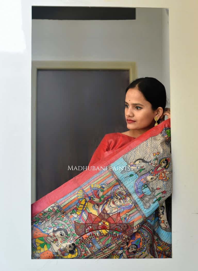 Madhubani Paints Vishnu Leela Hand Painted Saree — image 4 of 4