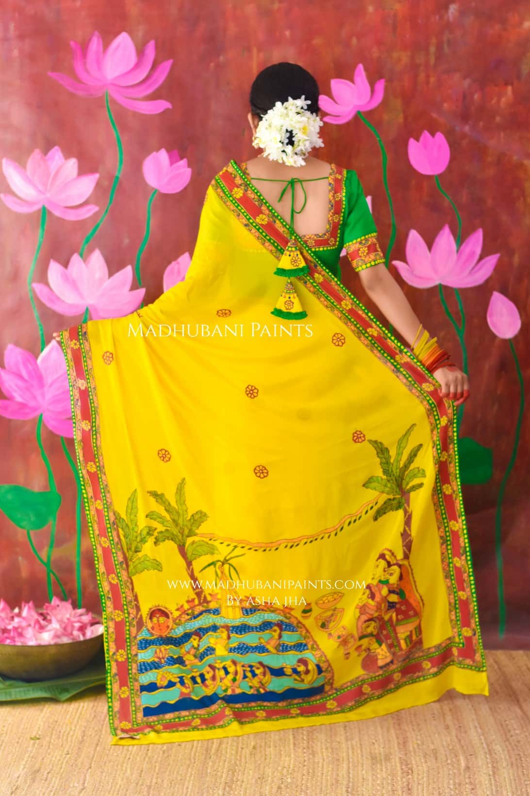 SURYA VANDANA Chhath Puja Handpainted Madhubani Chiffon Saree Blouse Set — image 2 of 11