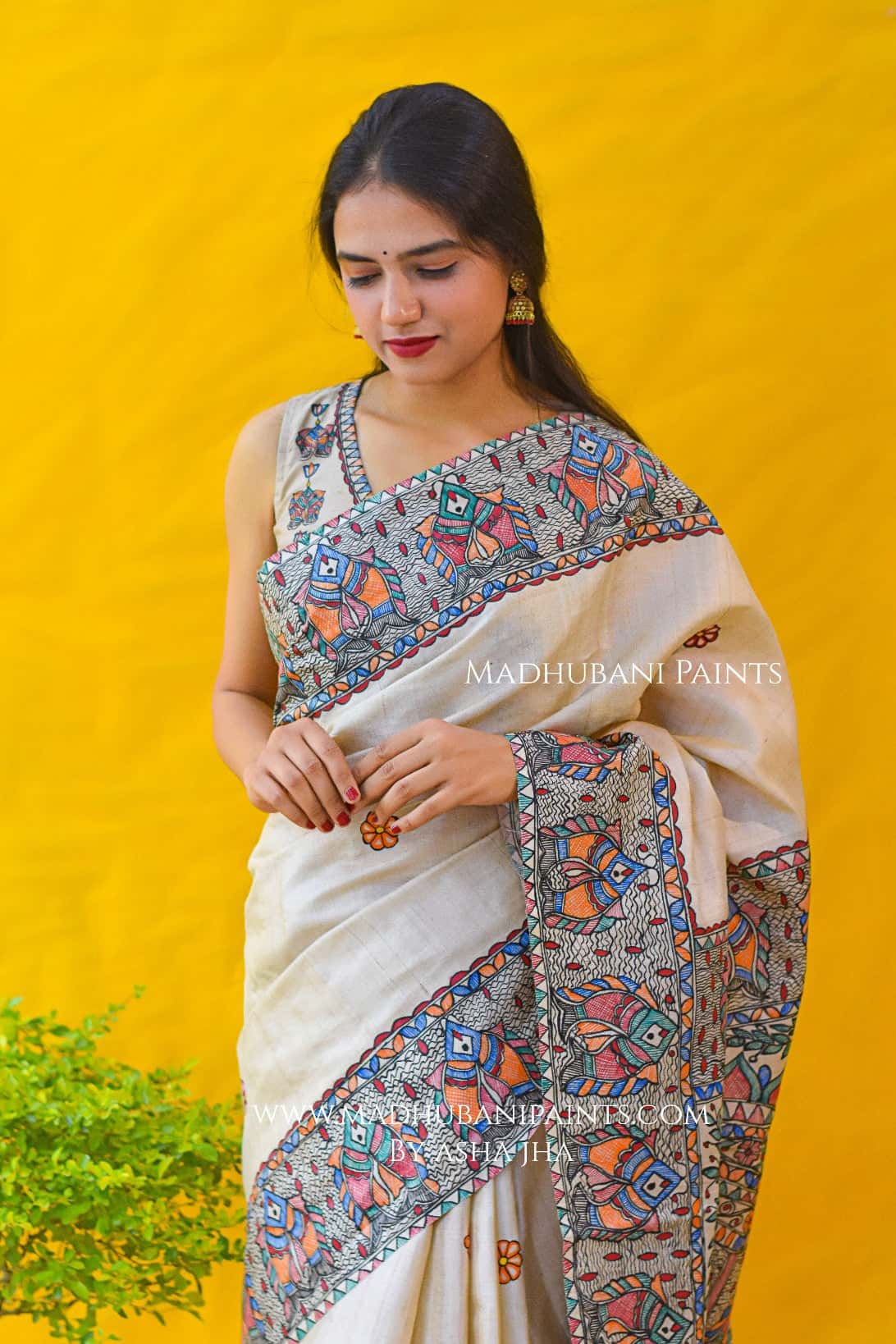 'MITHILA KI MAACH'  Hand-painted Madhubani Tussar Silk Blouse — image 3 of 4