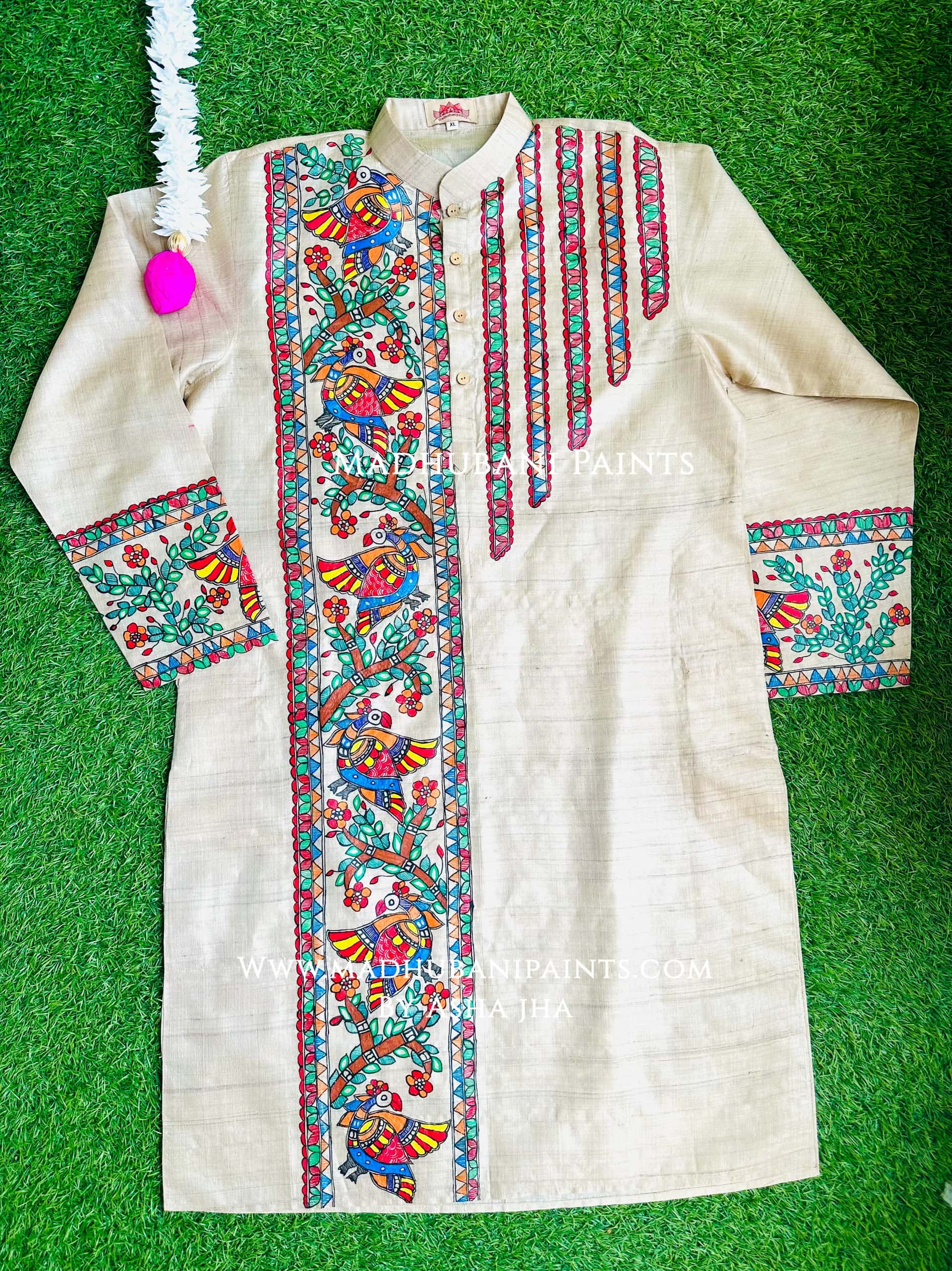 Beige Mayuri Hand-painted Handloom Men's Tussar Silk Kurta — image 3 of 4