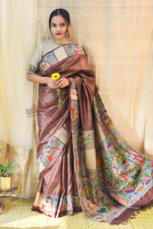 'MITHILA KOHBAR' Handpainted Madhubani Brown Tussar Silk Saree — image 4 of 6