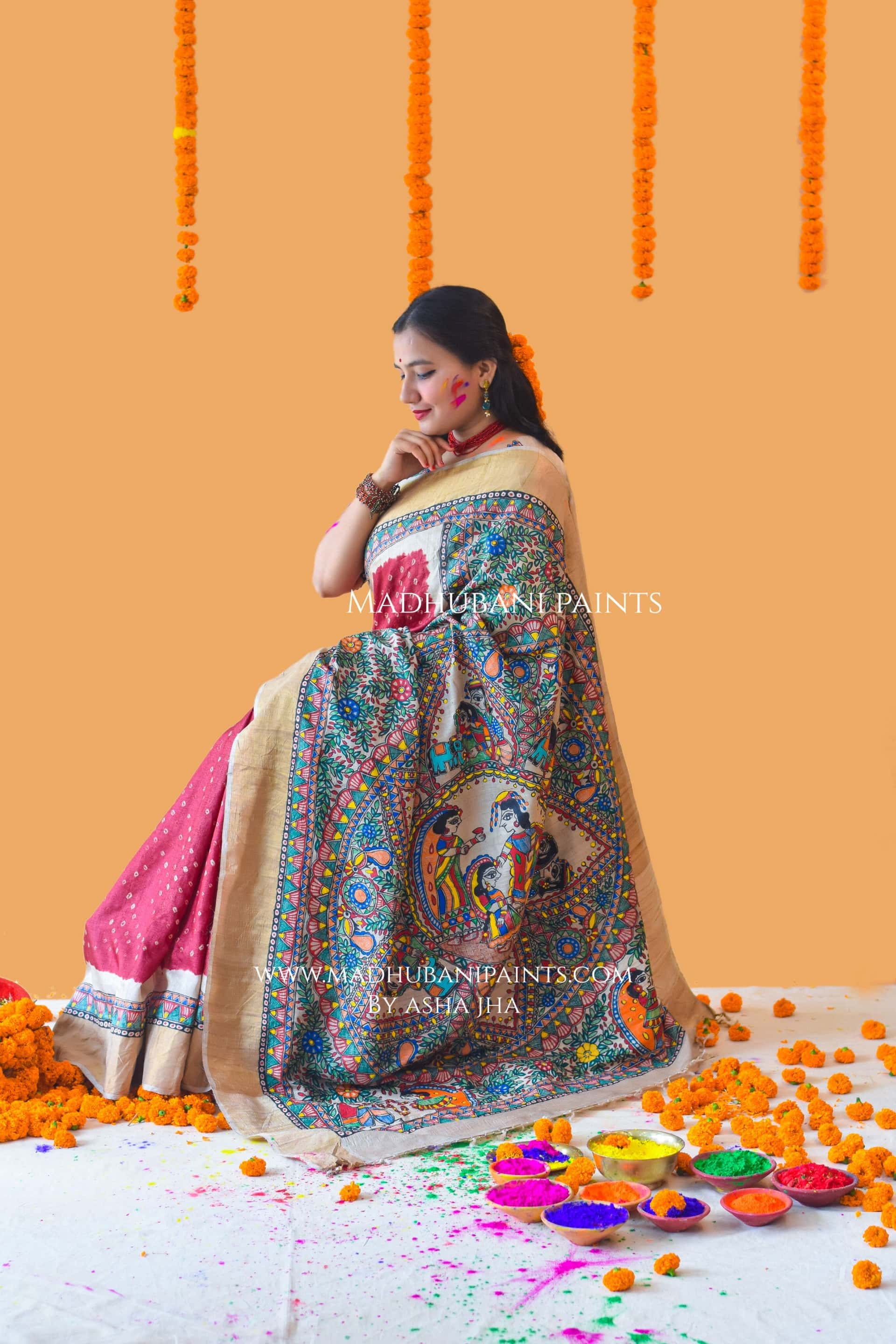 GAURI PUJA Hand-painted Madhubani Bandhini Tussar Silk Saree — image 3 of 7