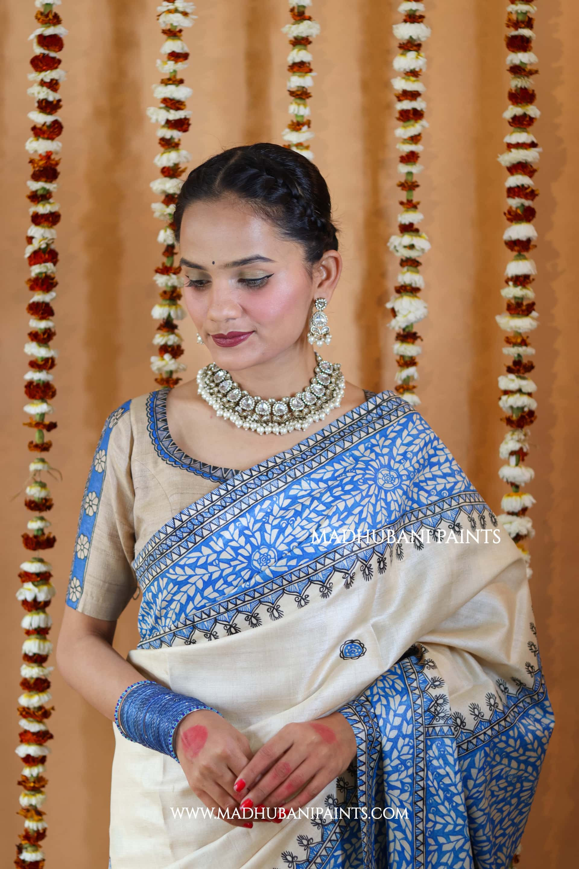 Blue Patta Handpainted Tussar Silk Saree — image 9 of 10