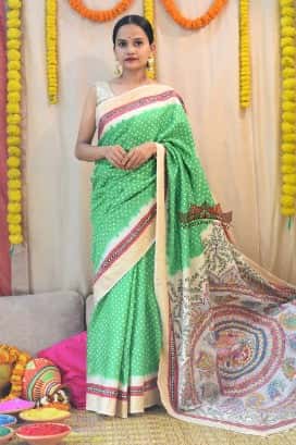 Madhubani Hariyali Bageecha Bandhej Hand Painted Saree — image 2 of 6