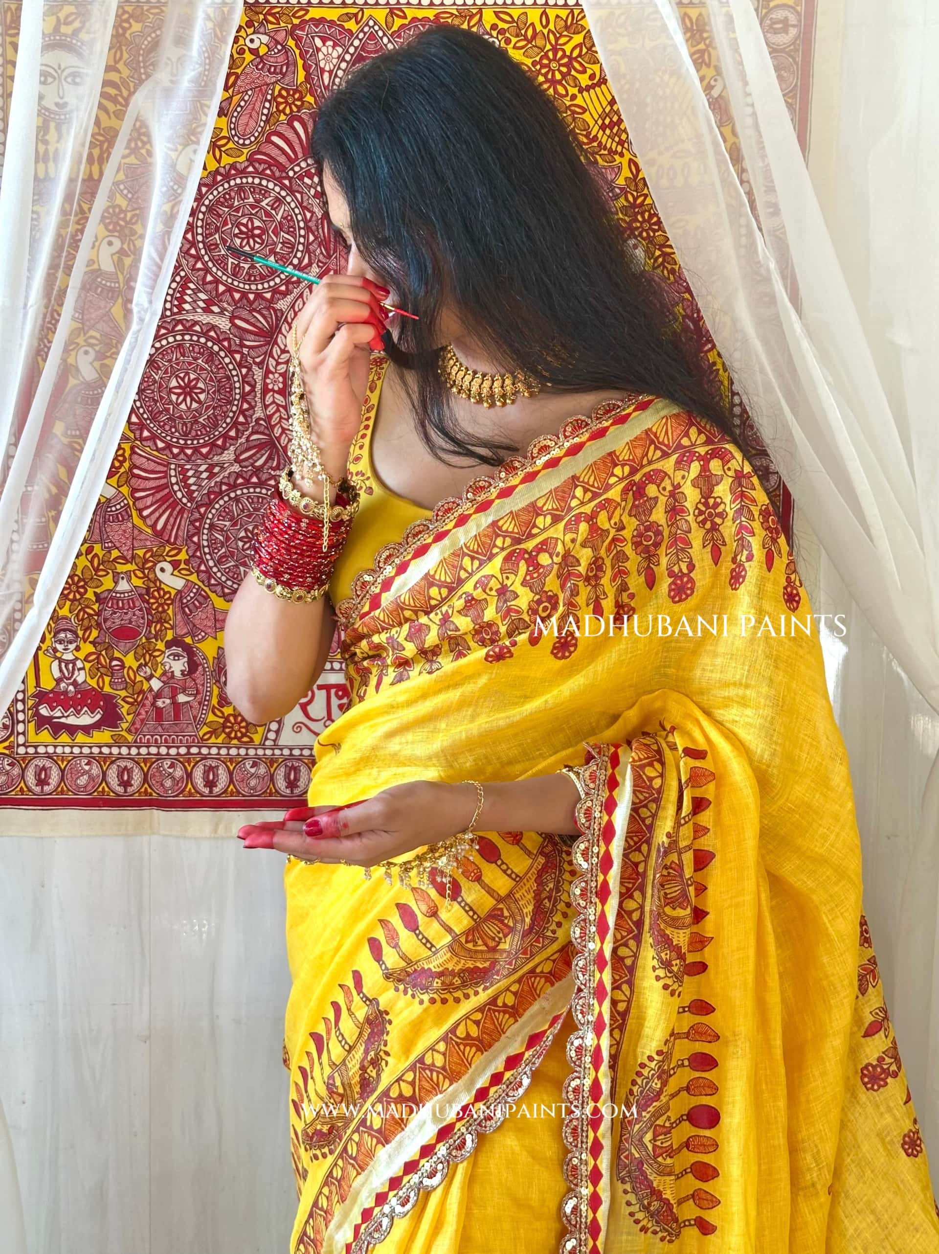 Haldi Bridal Hand-painted Madhubani Painting Saree — image 10 of 12