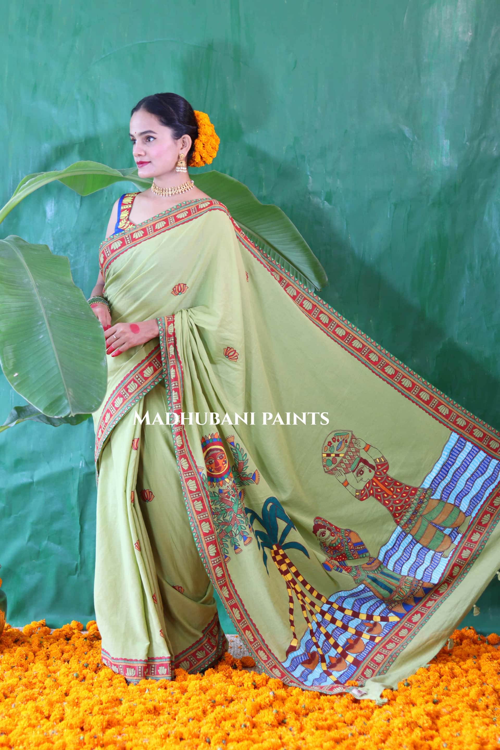 BHAKTI BHAVA Chhath Puja Hand painted Madhubani Cotton Saree — image 3 of 13