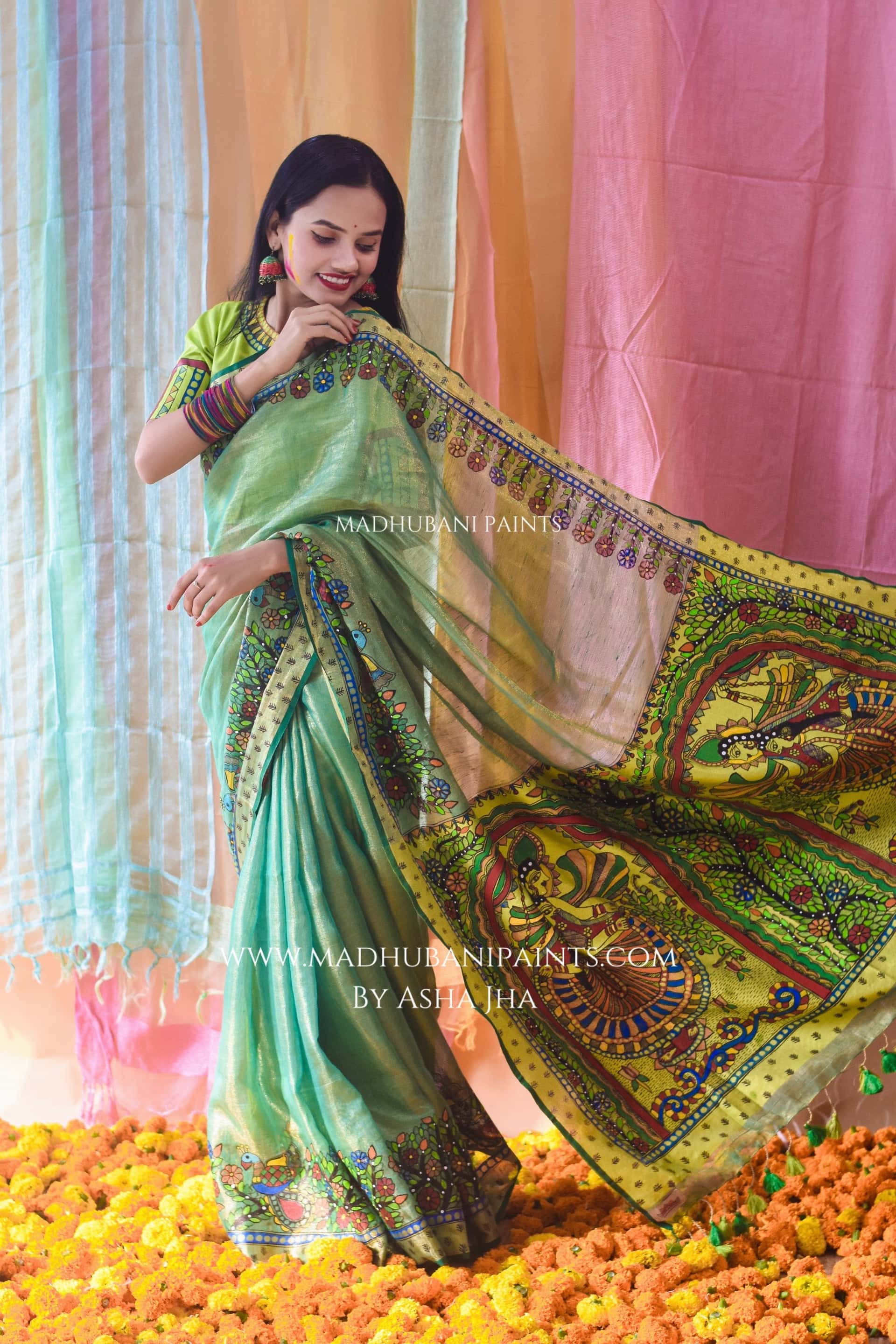 VASANTI Hand-painted Madhubani Tissue Linen Saree Blouse Set — image 8 of 10
