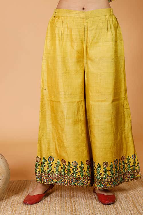 'Sunehri Phoolwari' Handpainted Madhubani Tussar Silk Palazzo — image 3 of 3