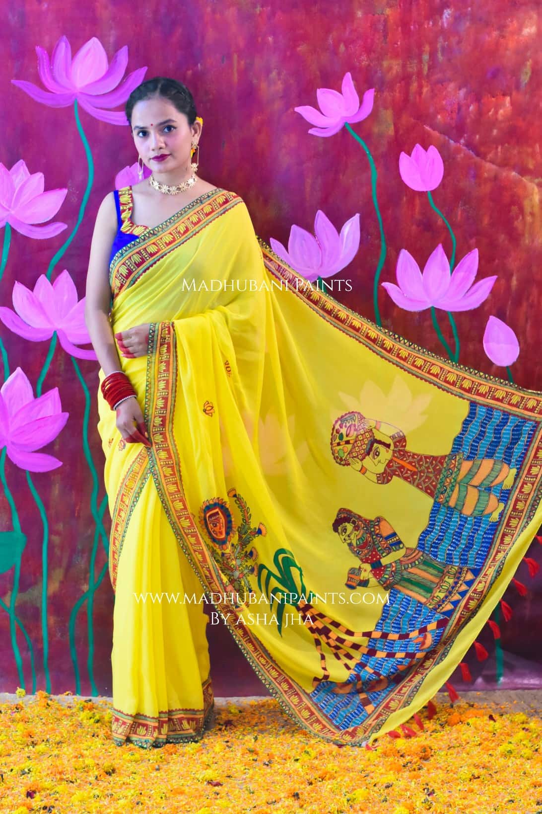 BHAKTI BHAVA Chhath Puja Hand painted Madhubani Georgette Saree Blouse Set — image 6 of 7