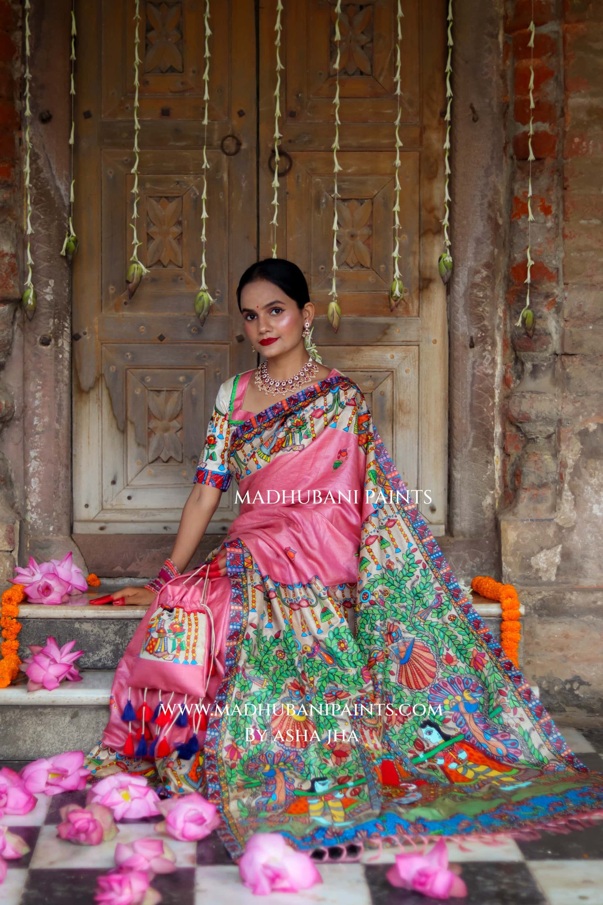 Durga Ji Ki Palki Handpainted Tussar Silk Madhubani Saree — image 6 of 9