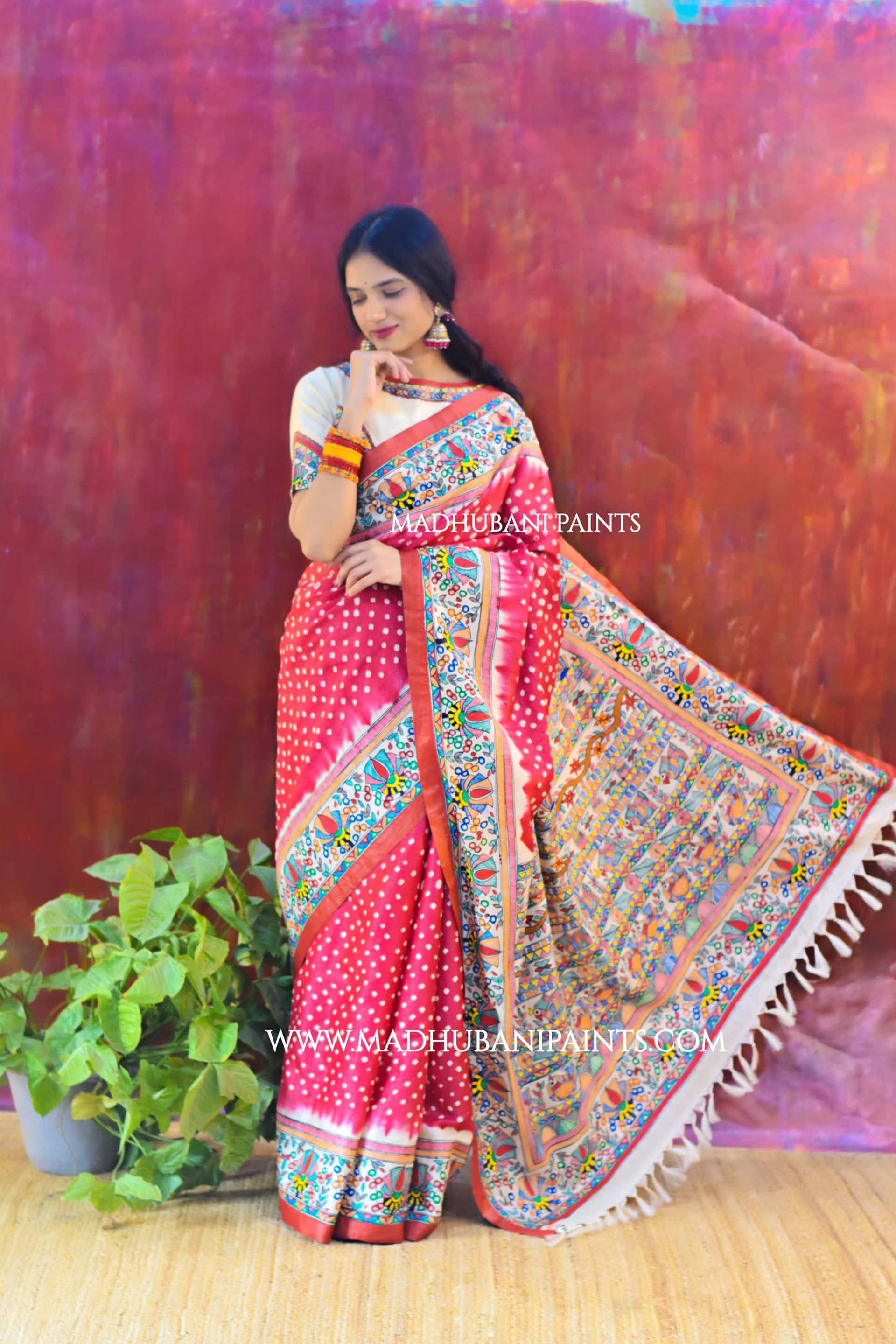 LAALI Handpainted Tussar Silk Bandhini Madhubani Saree Blouse Set — image 2 of 9