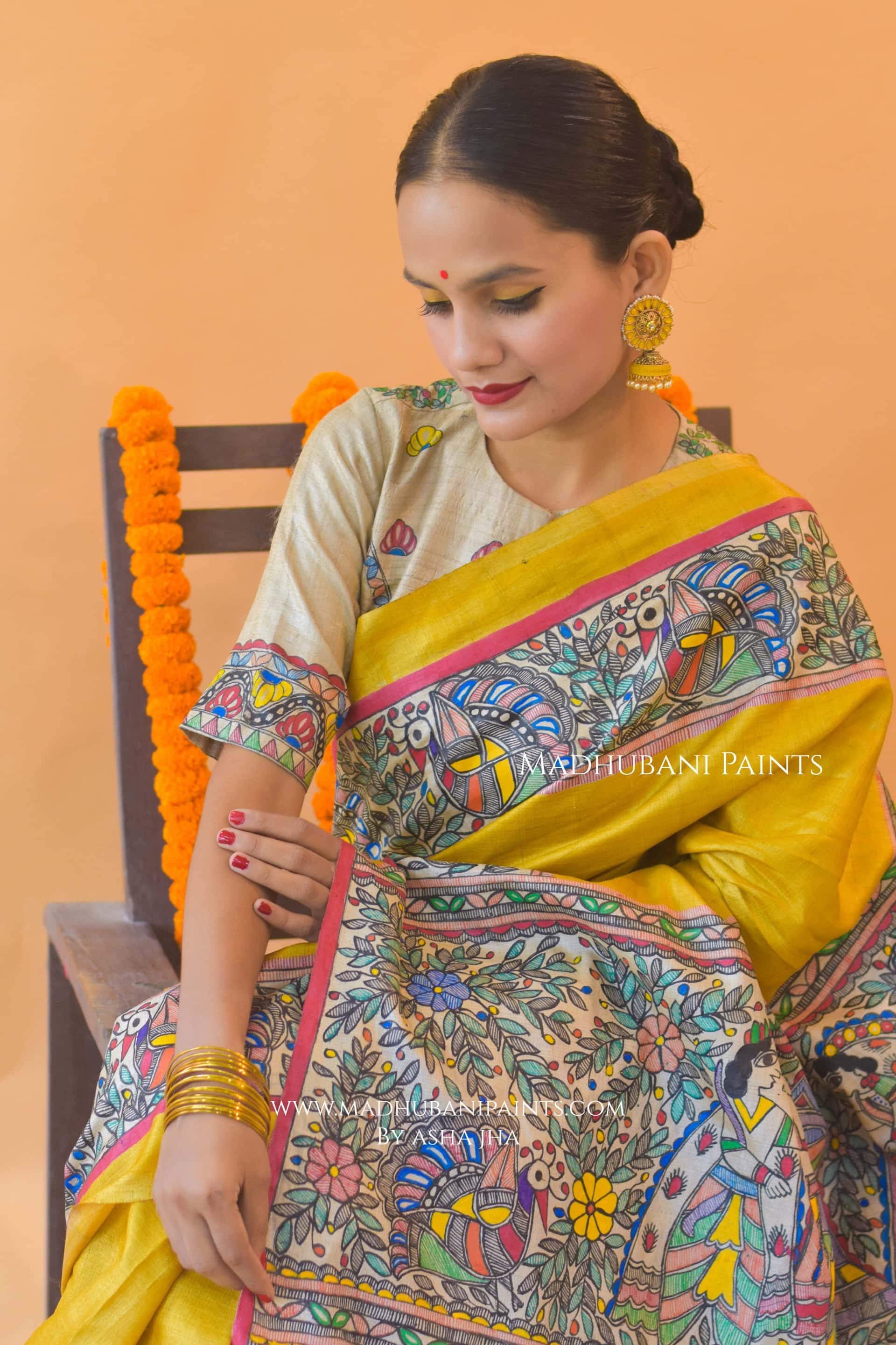 "Peela Ramayan" Hand-painted Madhubani Tussar Silk Saree Blouse Set — image 3 of 8