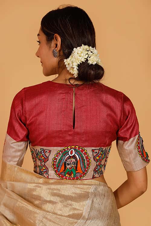 'Bengali Sindoordaan' Handpainted Madhubani Tussar Silk Blouse — image 7 of 8