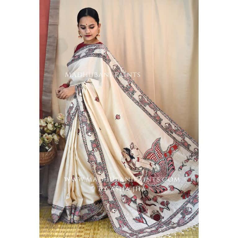 'MATSYA AVATAR' Handpainted Madhubani Tussar Silk Saree — image 12 of 12