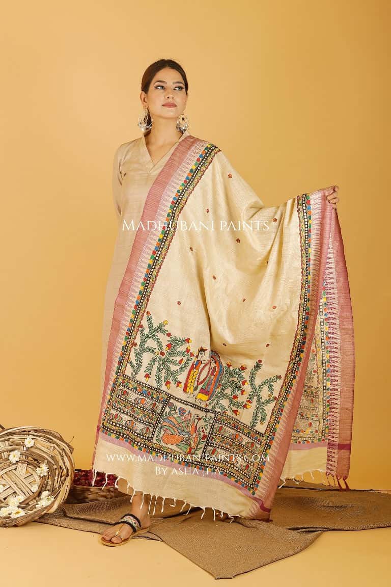 Sita Swaymbar Kathaa Madhubani Handpainted Pure Handloom Cotton Dupatta — image 3 of 4