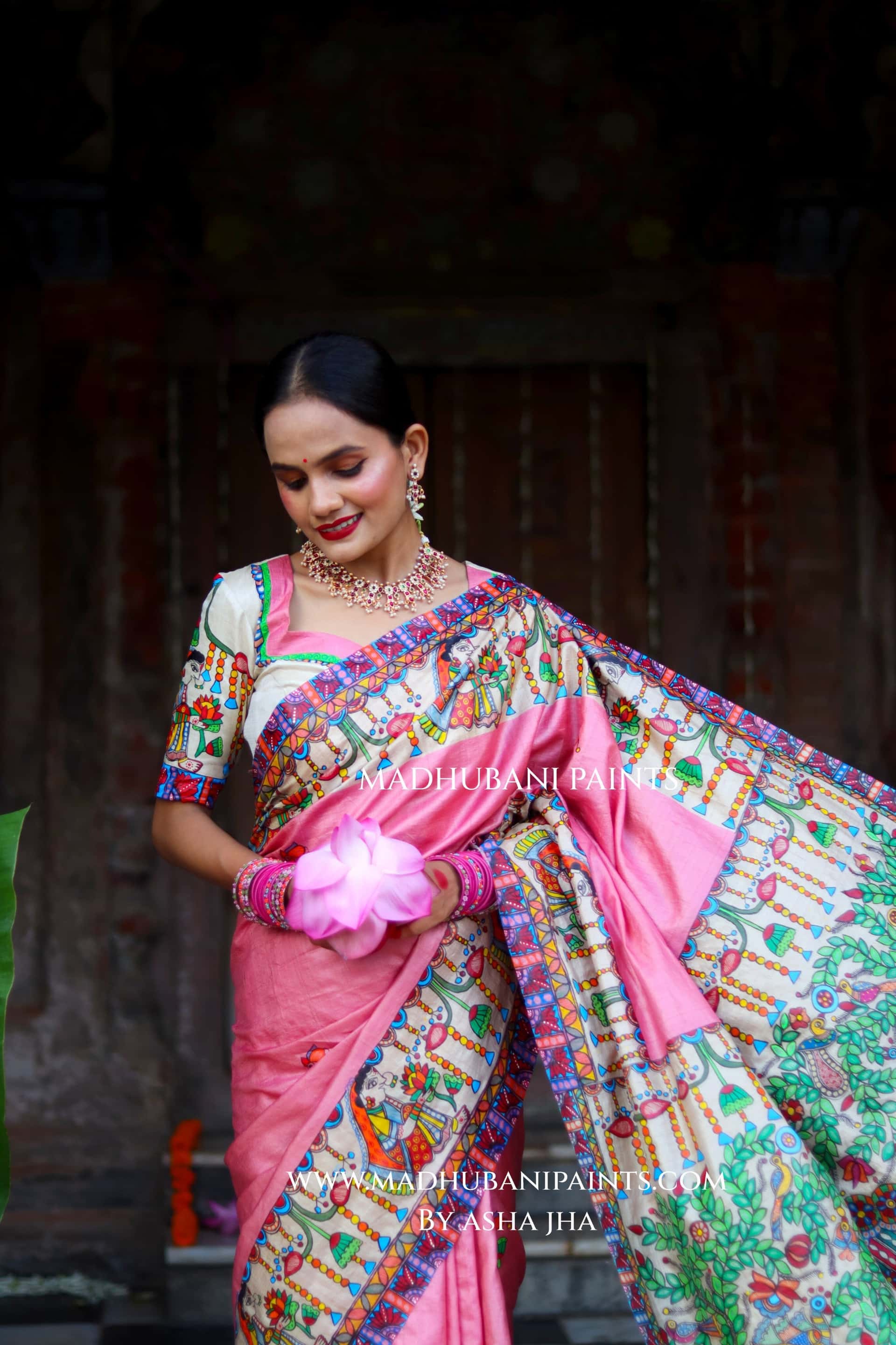 Durga Ji Ki Palki Handpainted Tussar Silk Madhubani Saree — image 8 of 9