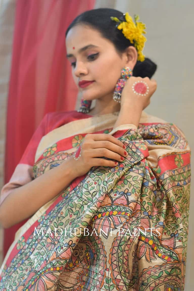 Peacock Tussar Madhubani Painted Saree — image 6 of 6