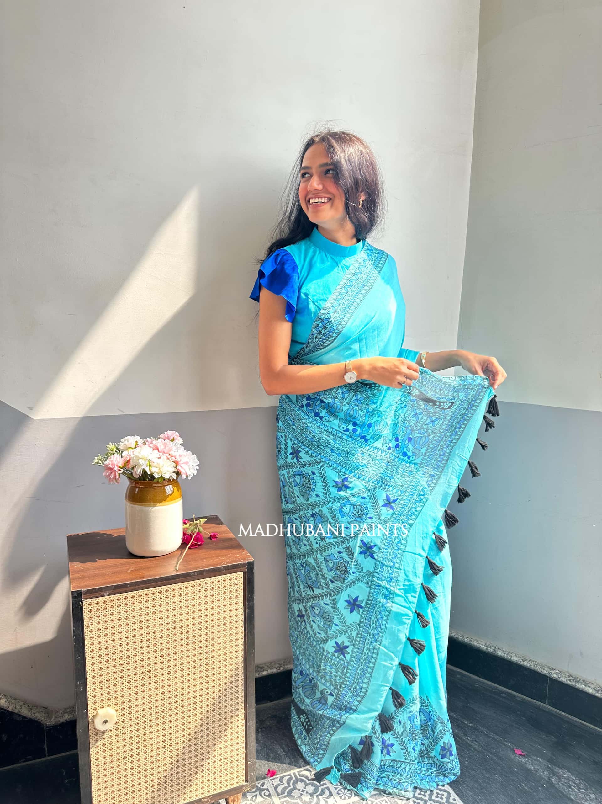 NEELAMBARI Hand-painted Madhubani Chiffon Saree — image 6 of 7