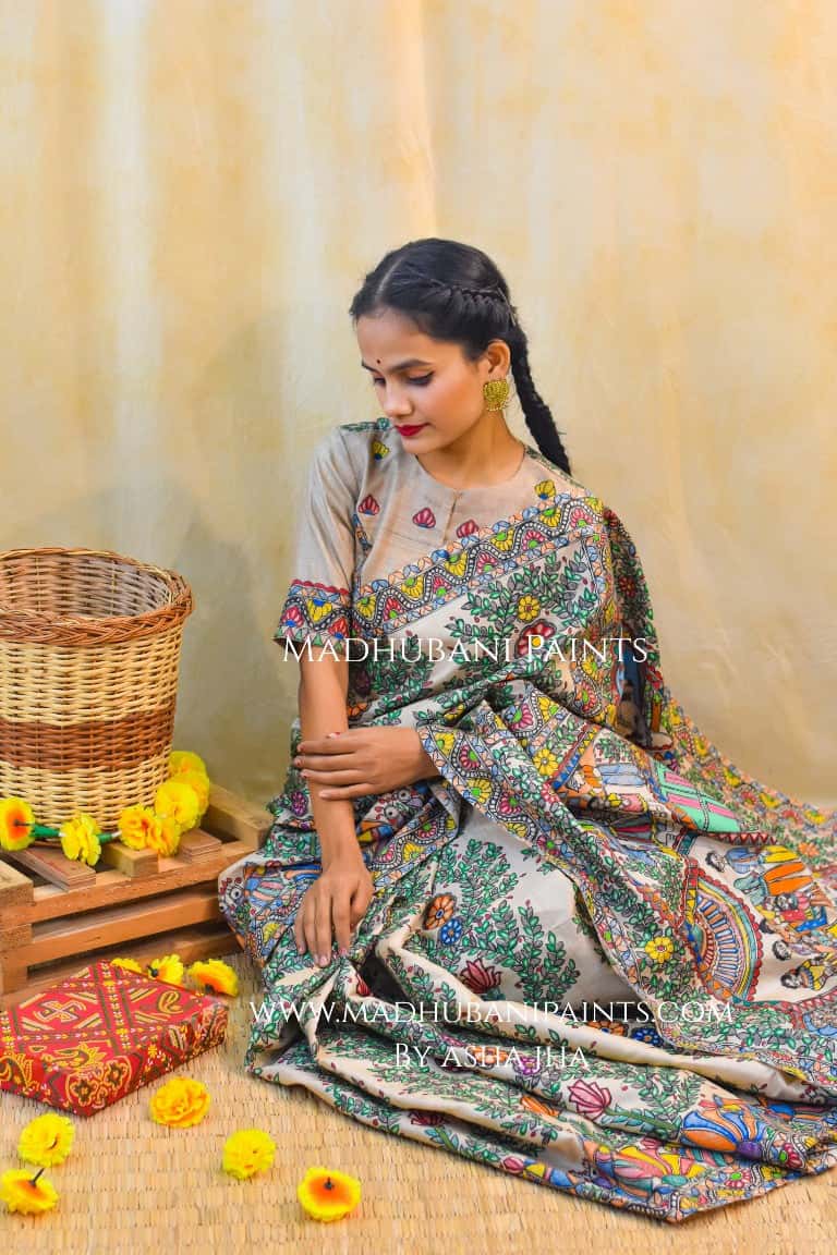 'KAHANI PADMA KI' Handpainted Madhubani Tussar Silk Saree — image 6 of 11