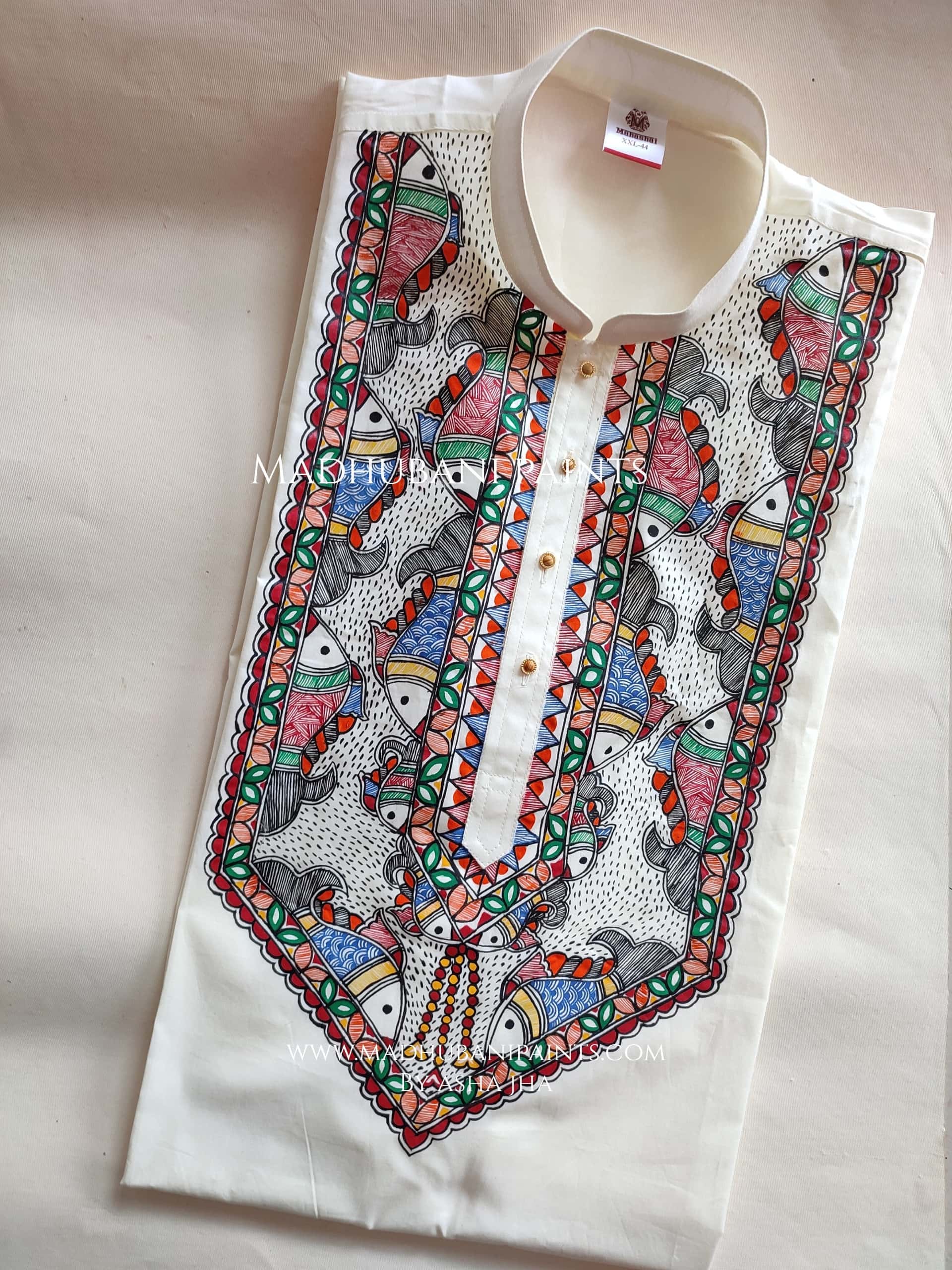 Multicoloured Fish Hand-painted Handloom Men's Cotton Kurta