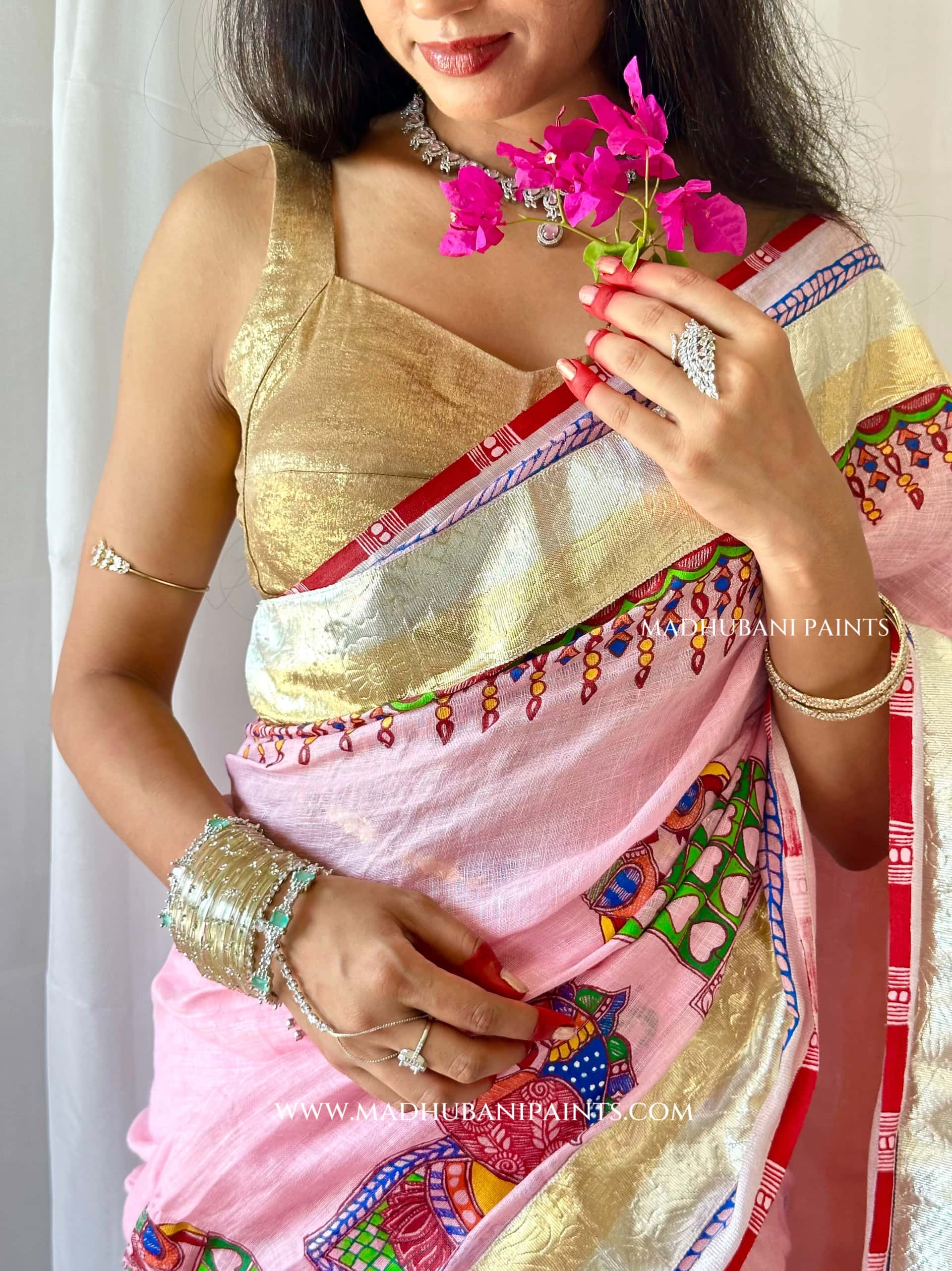 Gulabi Bridal Hand-painted Madhubani Painting Saree Blouse Set — image 4 of 10